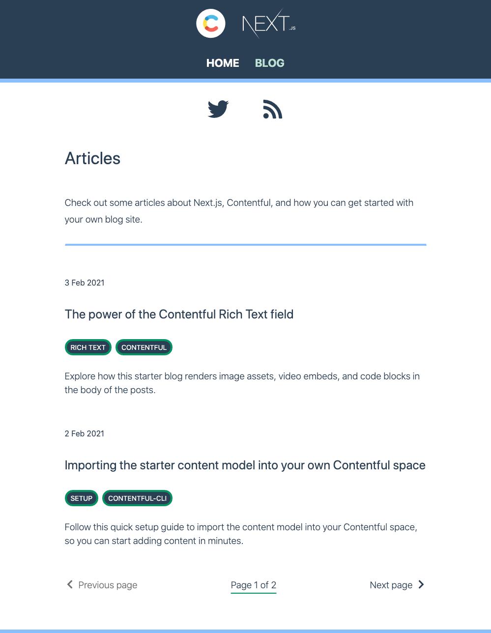 Screenshot of the blog index from the Next.js and Contentful starter example website