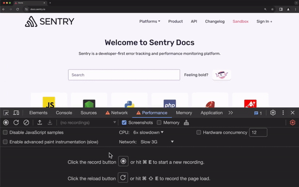 Short animated GIF showing a click on the record button, and typing web vitals into the search bar on the Sentry docs home page.