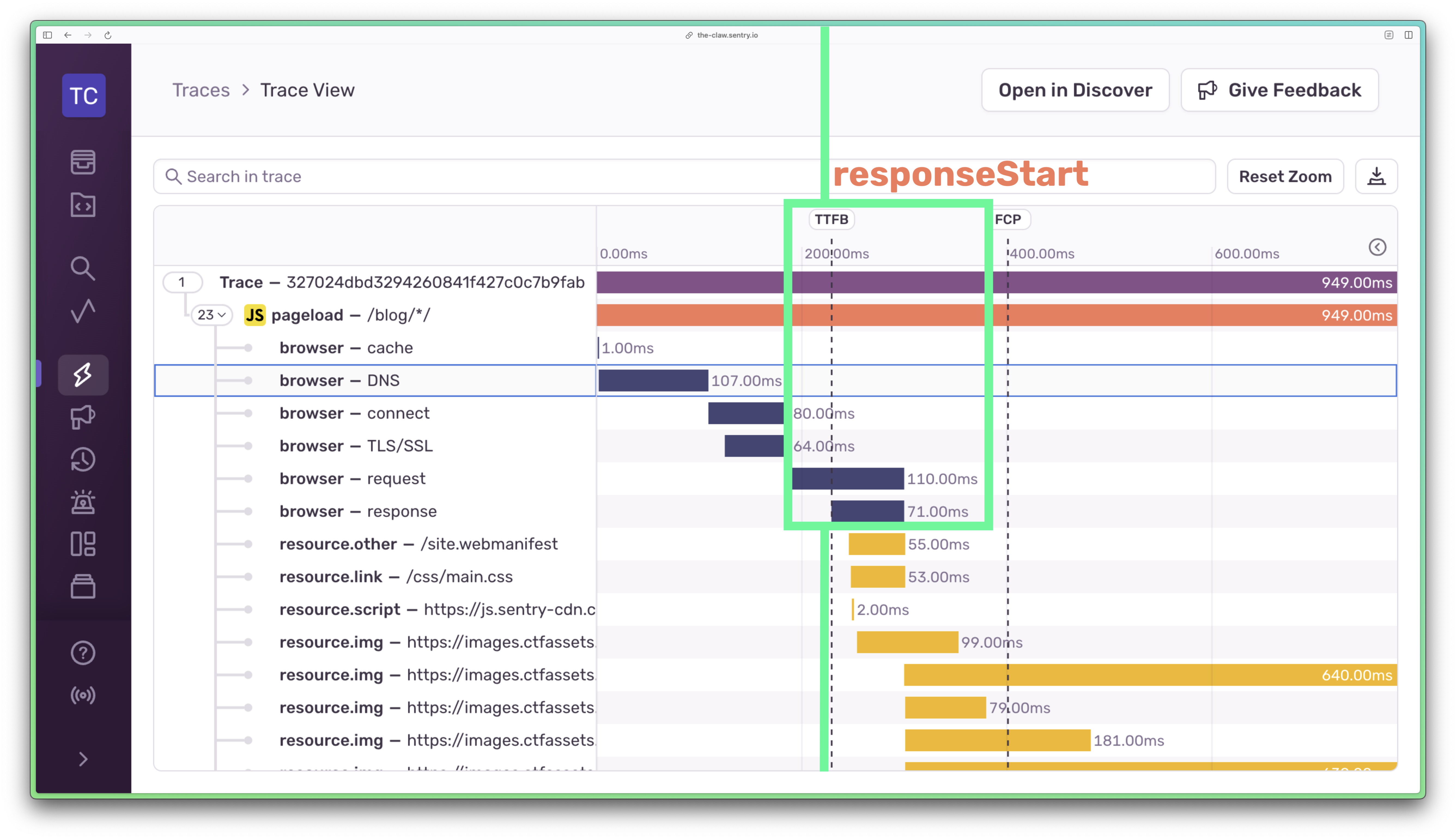 Sentry trace view highlighting that responseStart happens when the TTFB event is marked, which is also when the browser response span begins