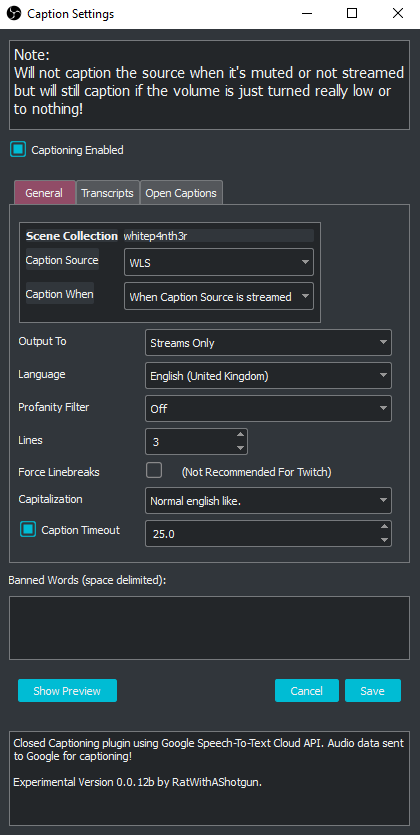 A screenshot showing the captions settings I use in OBS