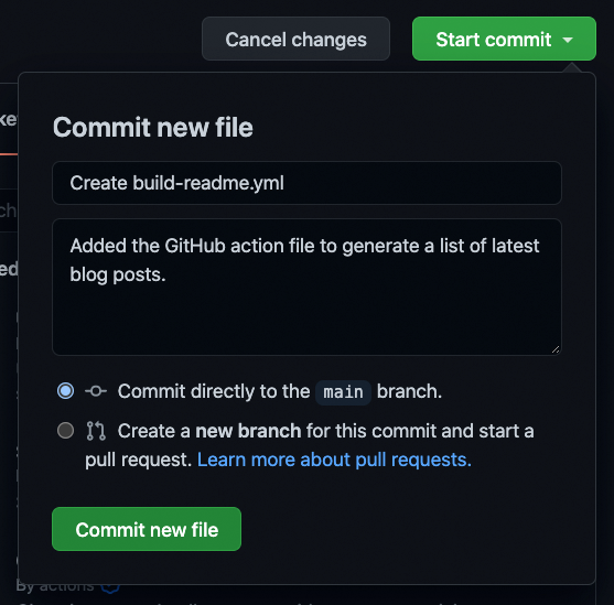 A screenshot showing the commit name and message for the new .yml file in the GitHub UI.