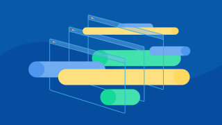 An illustration of three web browser windows with lots of interlocking blocks in yellow, blue and green.