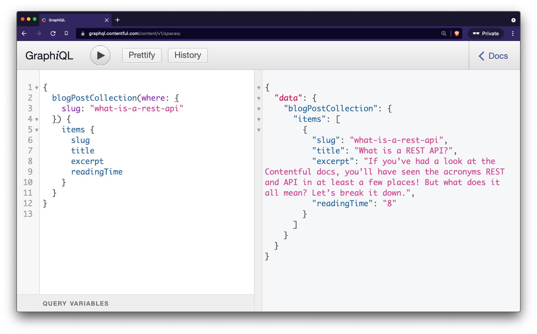 A screenshot of the GraphiQL explorer showing a query made using a string in the where clause, and the data successfully returned.