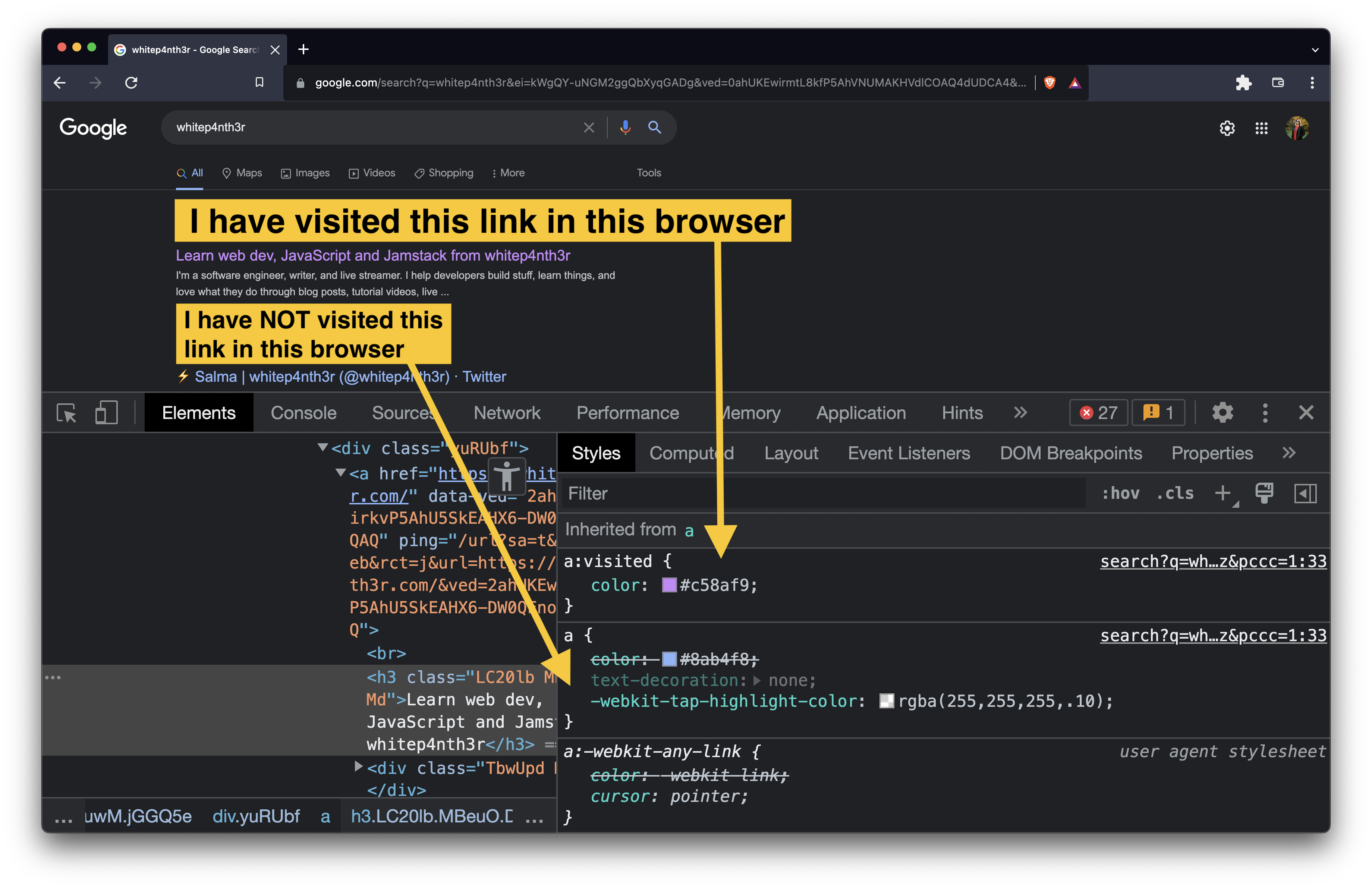 Screenshot of dark mode google search results showing the link to the top site I have visited is purple, and the second site in the list which I have not visited, which is blue. Dev tools is open and shows the anchor visited styles coming from the stylesheet.