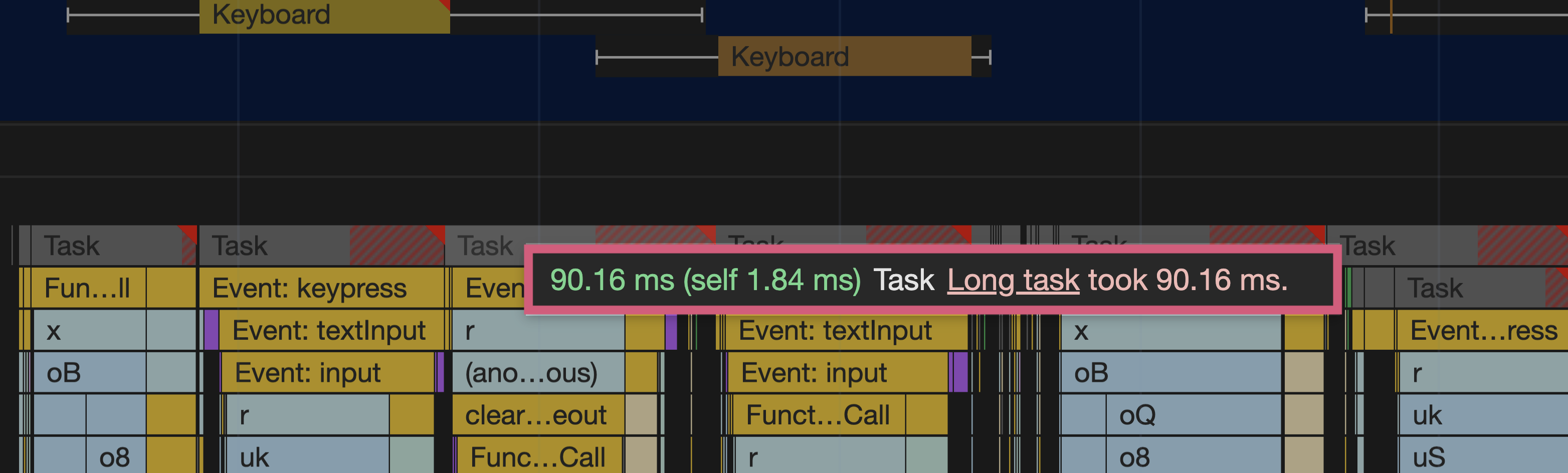 A zoomed in view of the performance profile, with the mouse hovering over a long task that took 90.16ms.