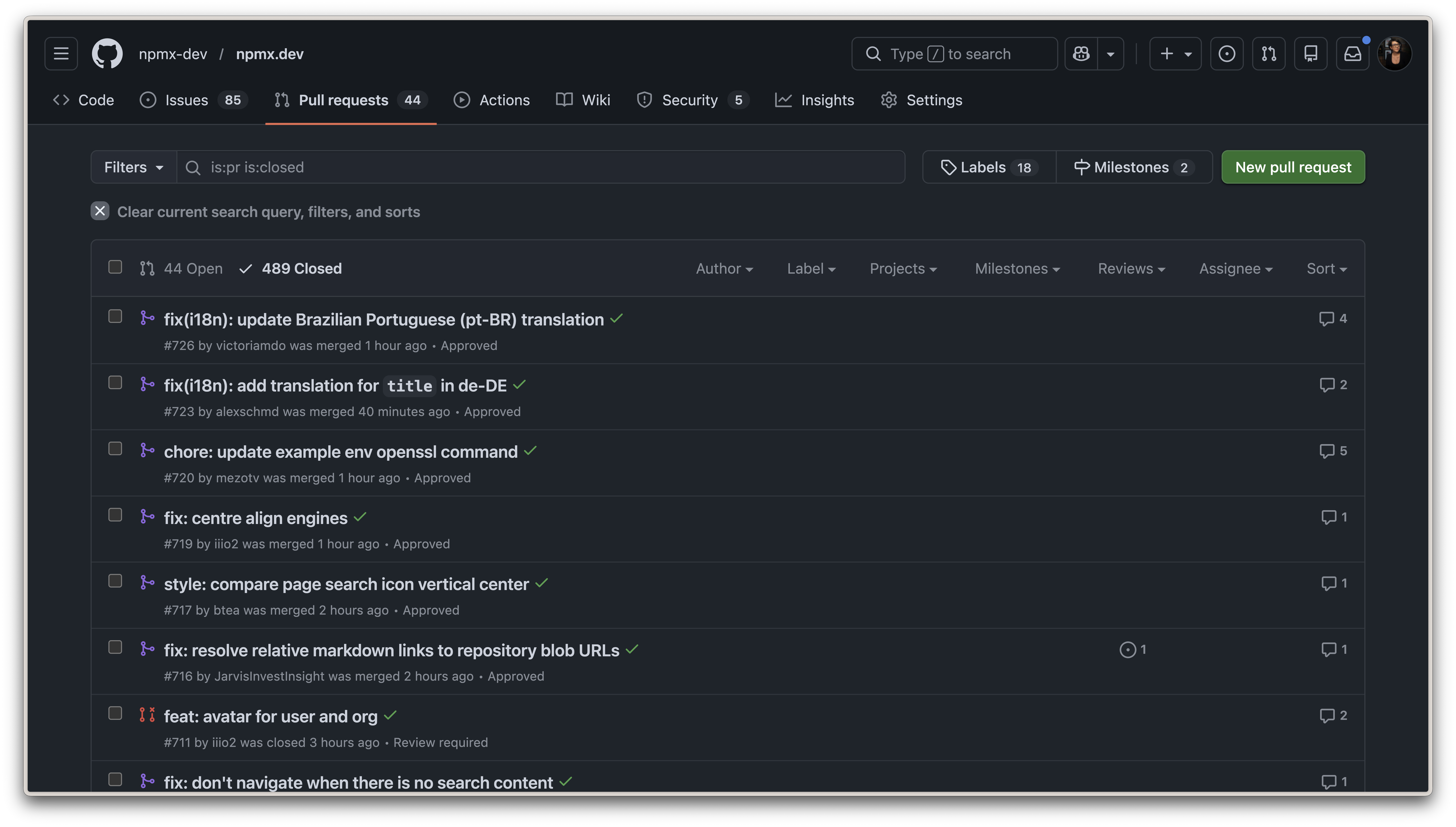 A list of closed PRS on GitHub from the npmx.dev project. This filter is achieved by clicking on the closed filter at the top of the list.