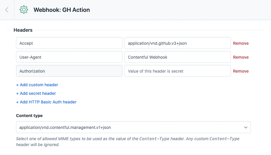 A screenshot showing the custom and secret headers for the webhook settings.