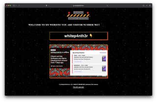 A screenshot of whitep4nth3r.live, showing a terrible under construction GIF, a sparkly background, a twitch player embed, and a simulated scrolling marquee.