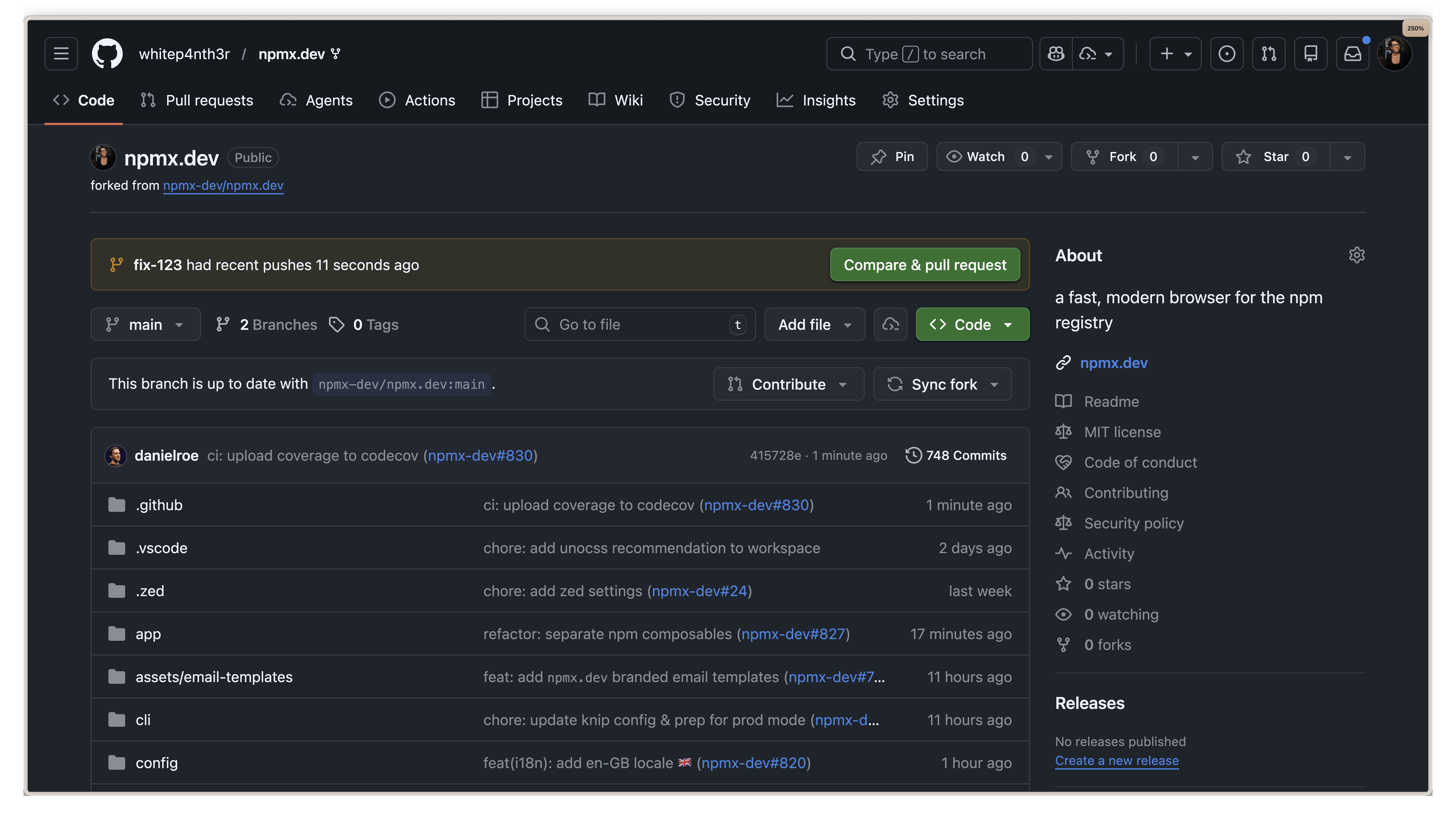A banner at the top of my fork of the npmx repository showing that fix-123 had recent pushes 11 seconds ago, with the compare and pull request button to the right.