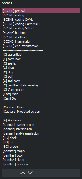 A screenshot of the full list of component and composite scenes I use in OBS