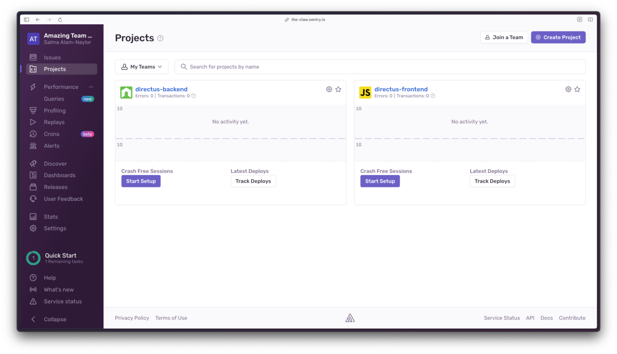 Sentry dashboard showing a backend Nodejs project and a browser JavaScript project. Both projects have no issues yet.