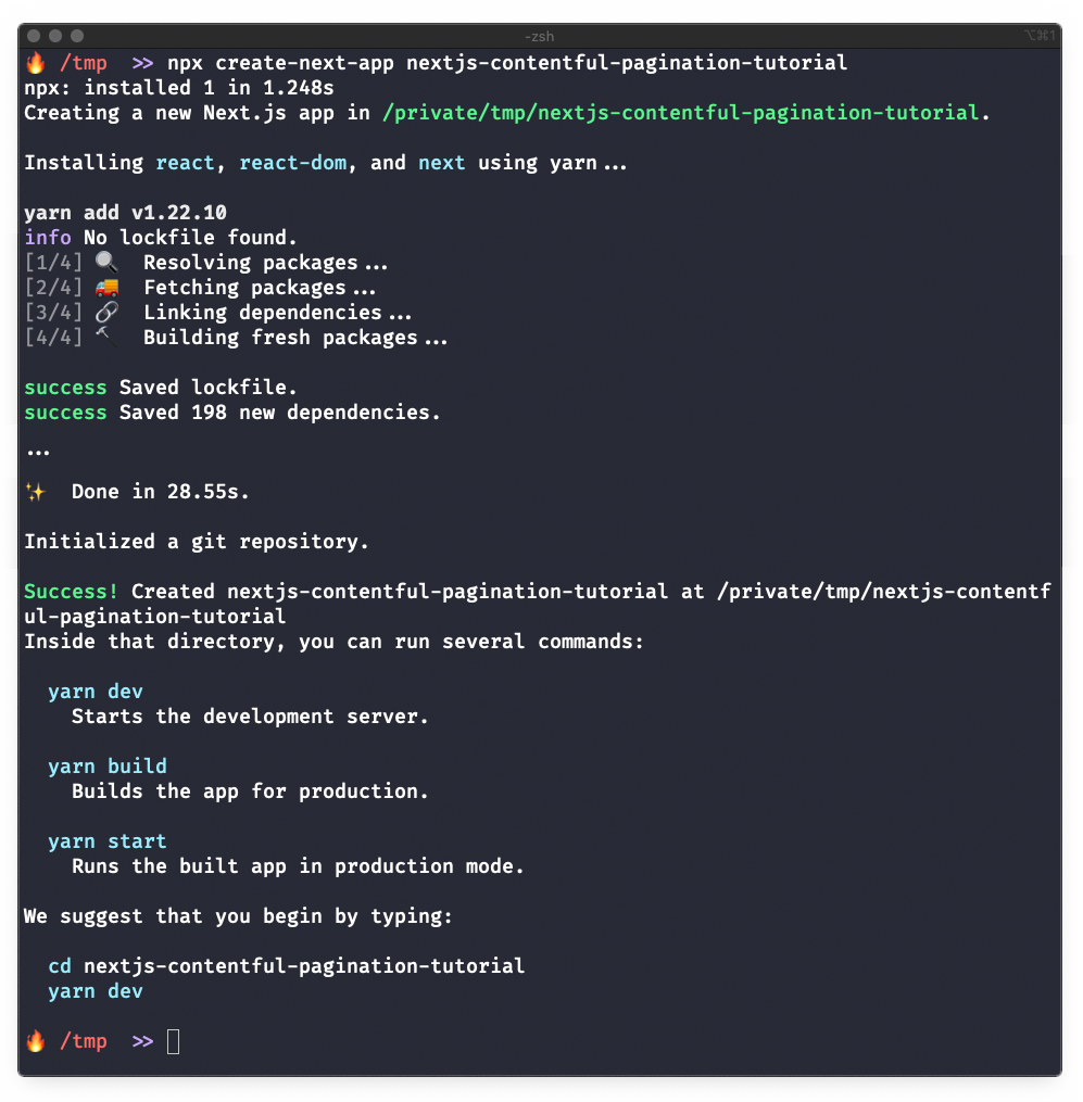 Screenshot of terminal output after running npx create-next-app