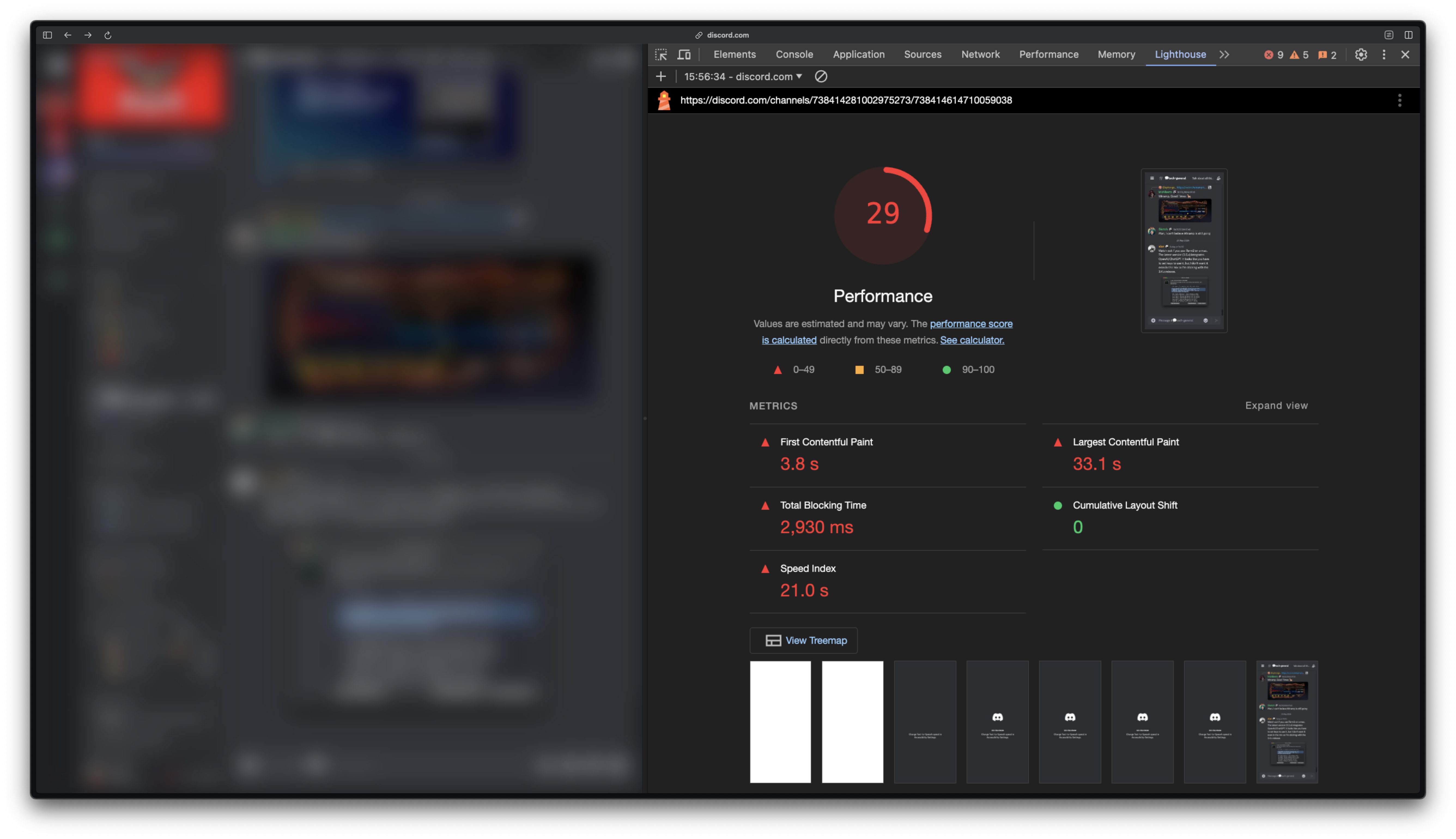 Lighthouse screenshot of a score of 29 next to a blurred-out Discord server channel.