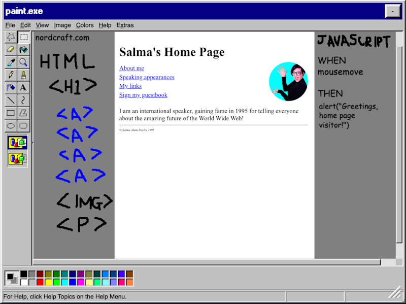 A pretend mockup of toddle in paint, showing the capabilities of javascript. The function showAlert is called on mouseover, represented in a GUI.