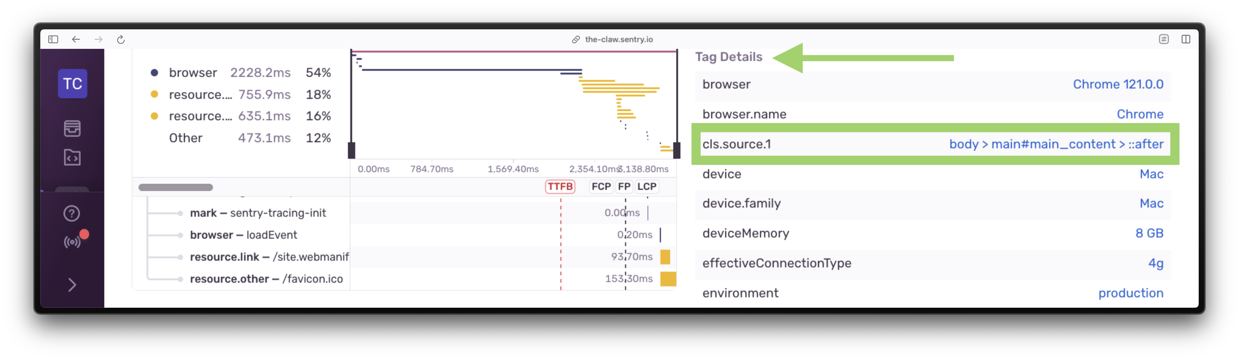 We've zoomed in on the CLS source for an event on the performance timeline. We can see that the after pseudo element of the main element is the first source of CLS on this page.