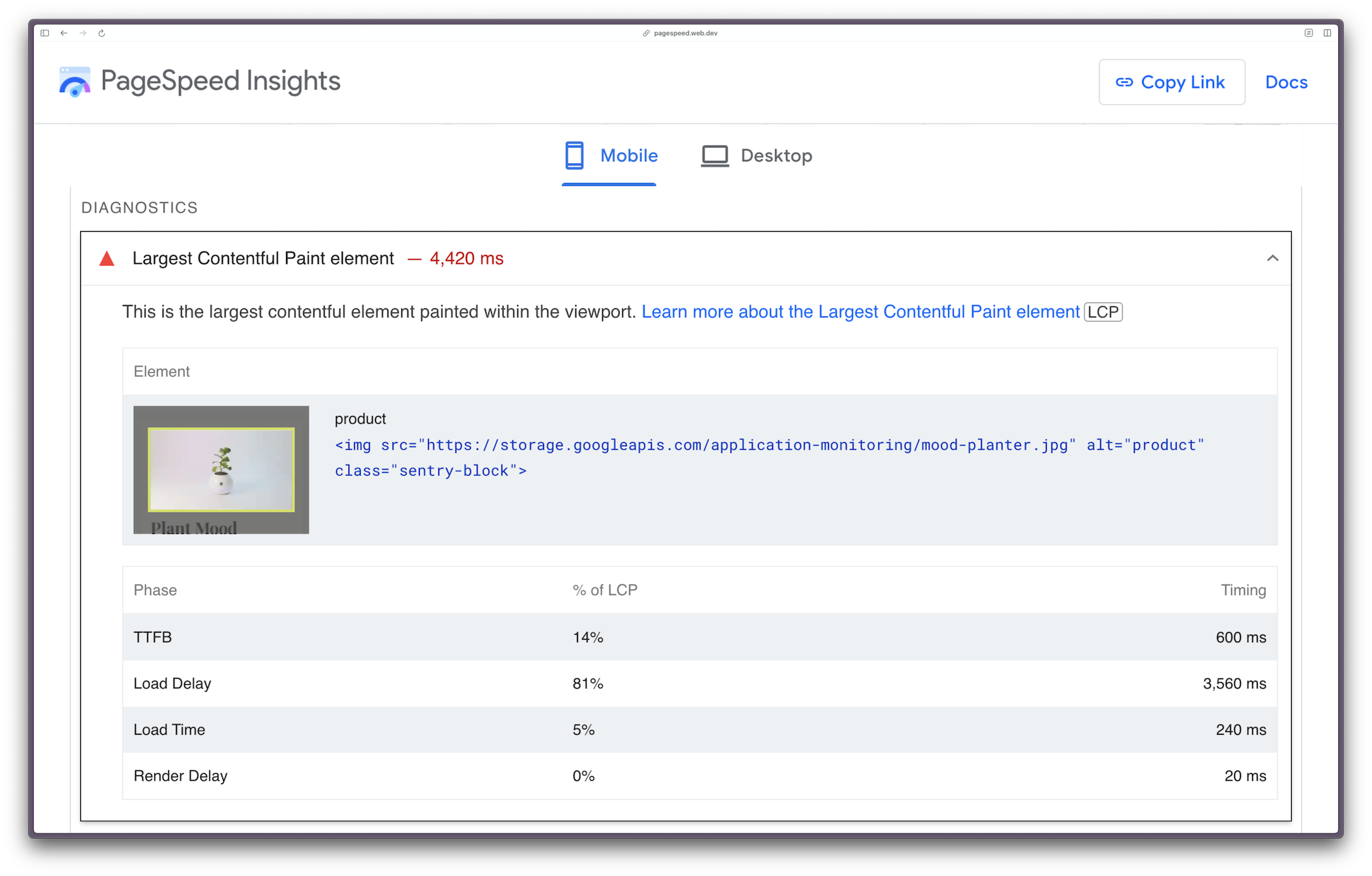 Largest Contentful Paint element 4420ms. This is the largest contentful element within the viewport. TTFB 14% of LCP, 600ms. Load delay 81%, 3560ms. Load time 5%, 240ms. Render delay 0%, 20ms.