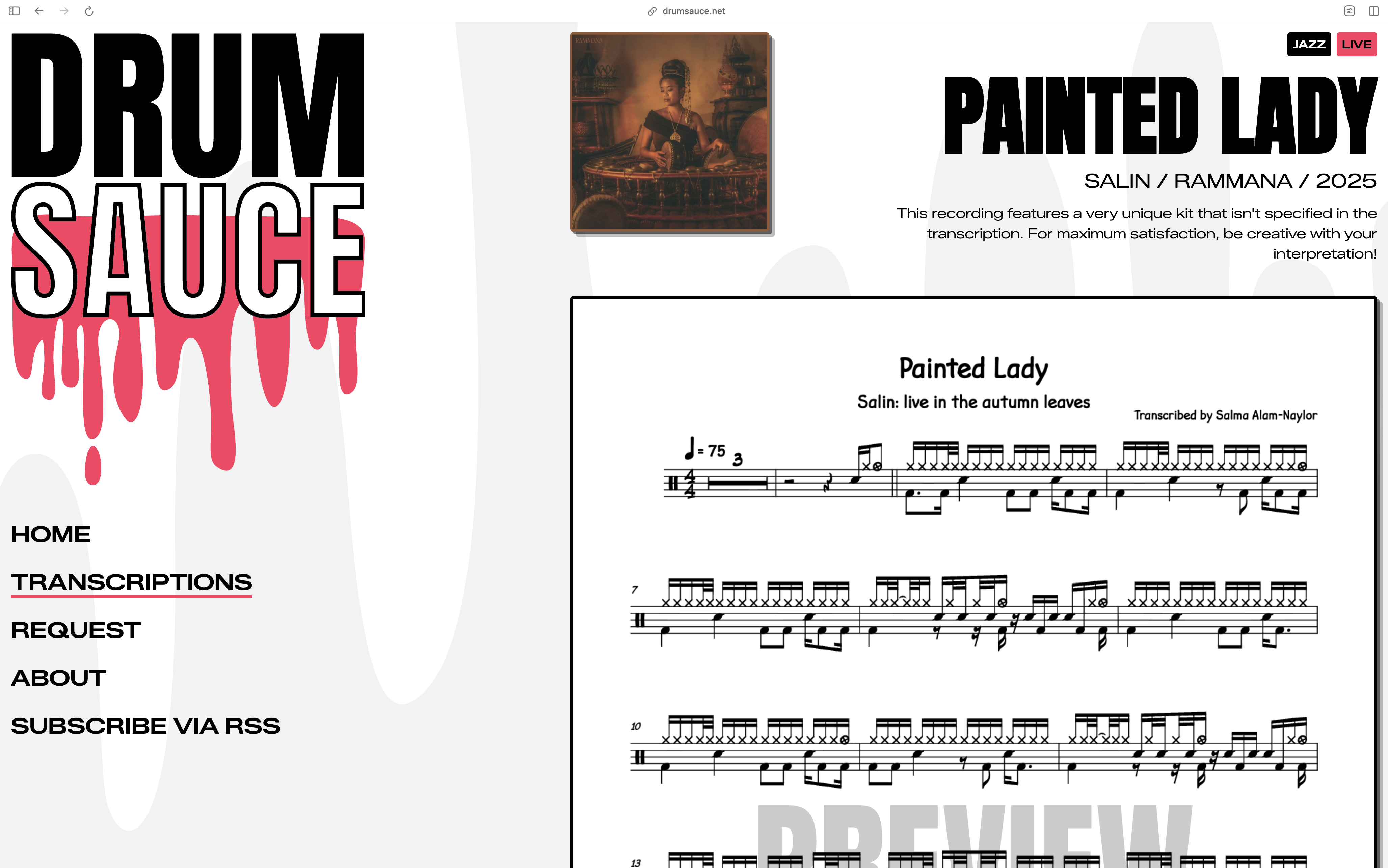 Screenshot of a single transcription page, showing the logo and navigation on the left, and on the right there's a header section with the album cover art, large title, some meta data including genre and description, and below that you can see the first page of the PDF.