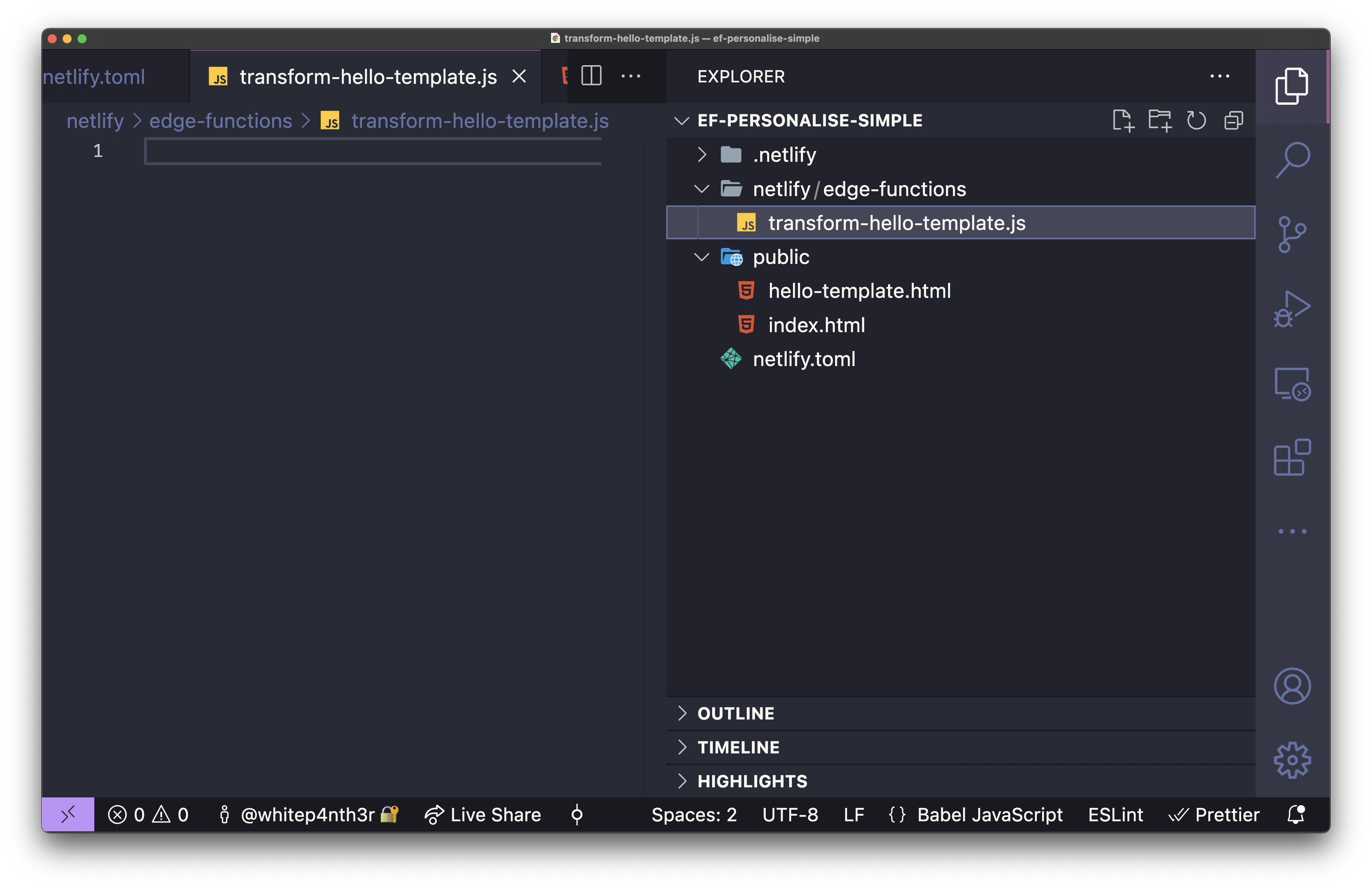 A screenshot of VSCode, showing the transform hello template js file added into an edge functions directory, inside a netlify directory.