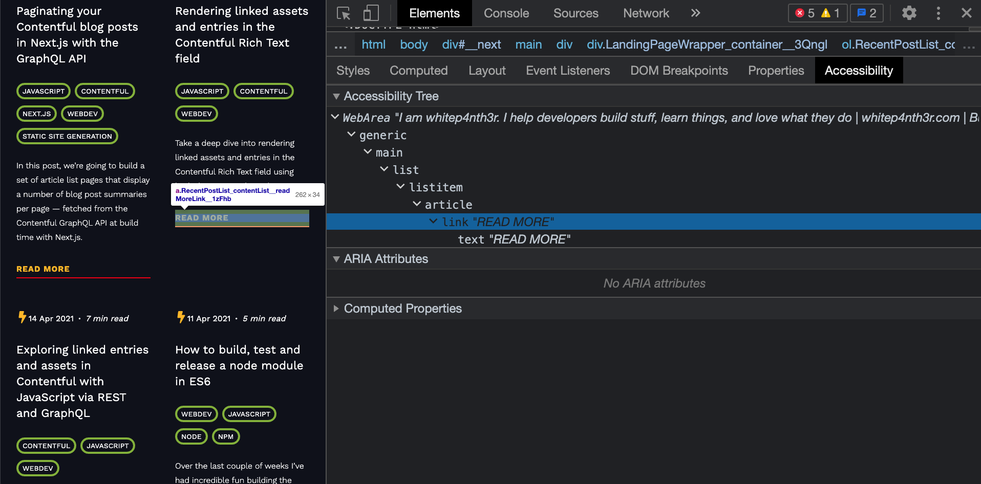 A screenshot of my website showing the accessibility tree in Chromium dev tools, where a link is described with the text 'Read more'. This is the same for all links in that section.