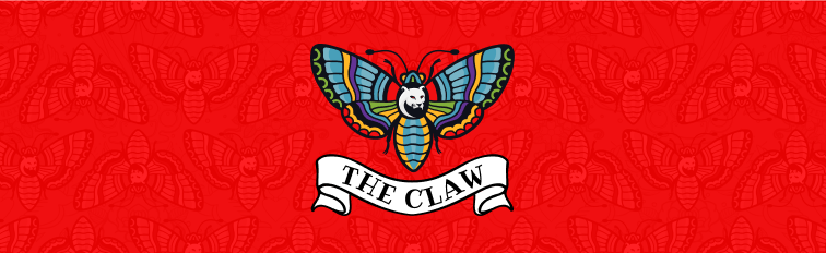 The Claw branded banner showing the colourful panthermoth on a red patterned background full of other moths that are tiled and tessellated in alternate orientations. 