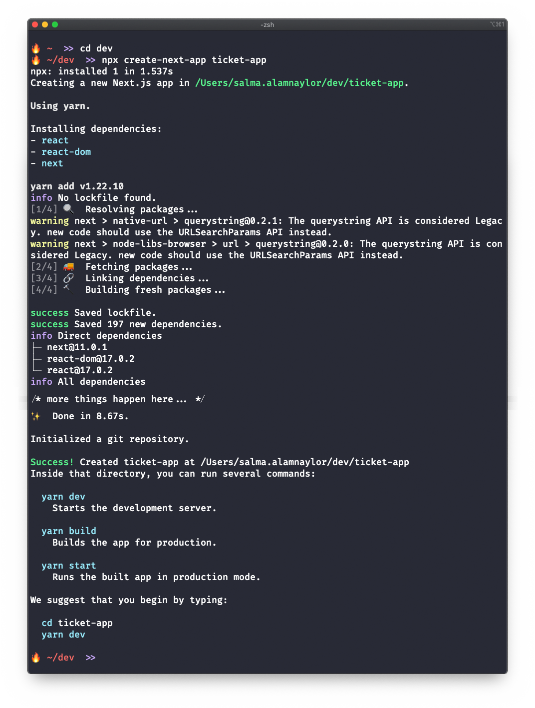 A screenshot of a terminal window showing the truncated output of the create next app command.