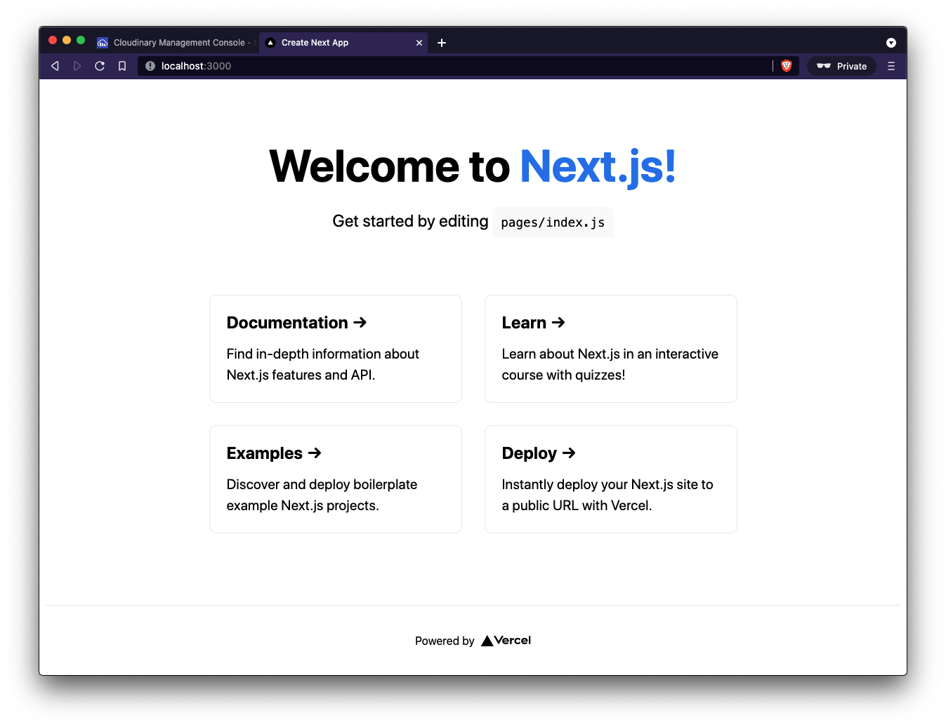 A screenshot of the index page of a fresh Next.js app. The heading reads 