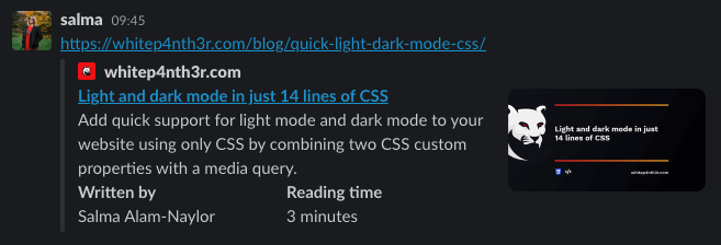 Screenshot of a link shared in Slack showing the title, description, author, reading time and image preview.