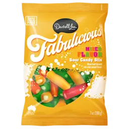 A bag of red, yellow, and green licorice sticks with white filling