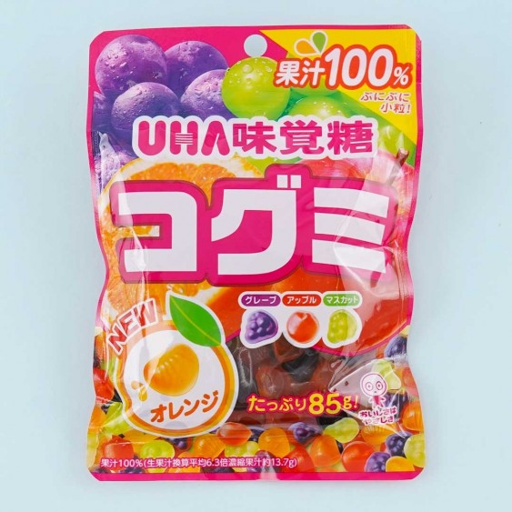 A Japanese bag of candy in grape, orange, and white grape flavors