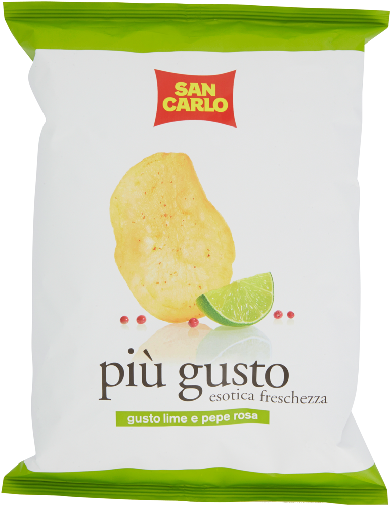 A chip bag featuring a photo of a potato chip, a lime wedge, and a few scattered peppercorns