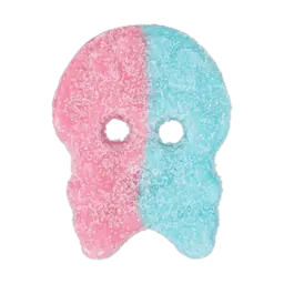 A sugary skull-shaped gummy split vertically in two colors: pink and blue