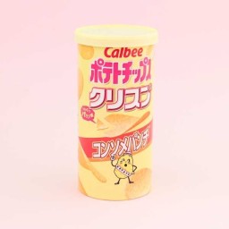 A tube of chips made by Calbee, which looks much like a short stack of Pringles.
