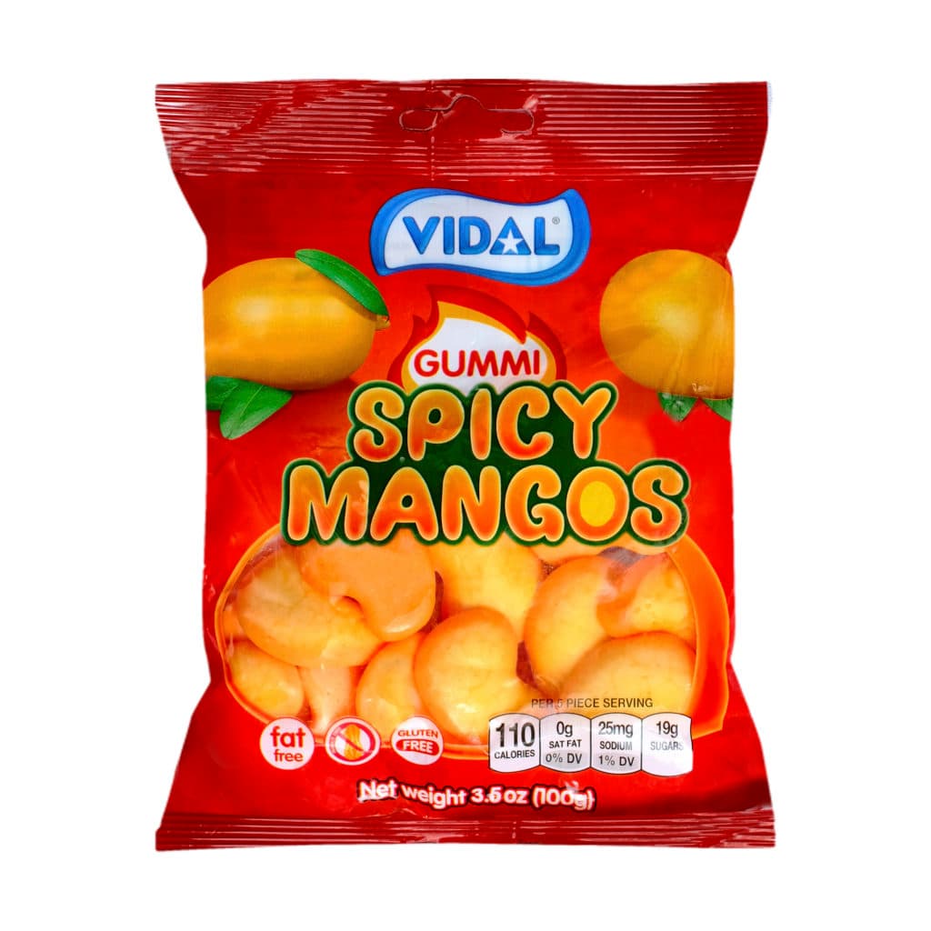 A red bag of Vidal brand Spicy Mango Gummies. The gummies are shaped like mangos and are the right orange color!