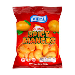 A red bag of Vidal brand Spicy Mango Gummies. The gummies are shaped like mangos and are the right orange color!