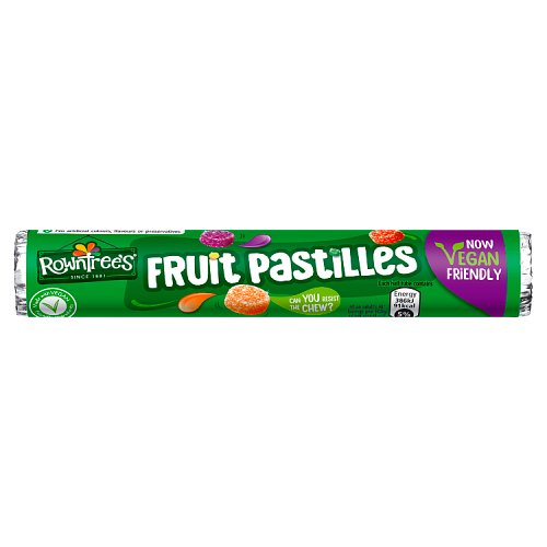 A single-serving tube or sleeve of candy called Fruit Pastilles. The packaging is green and there are some puck-shaped candies illustrated on the package.