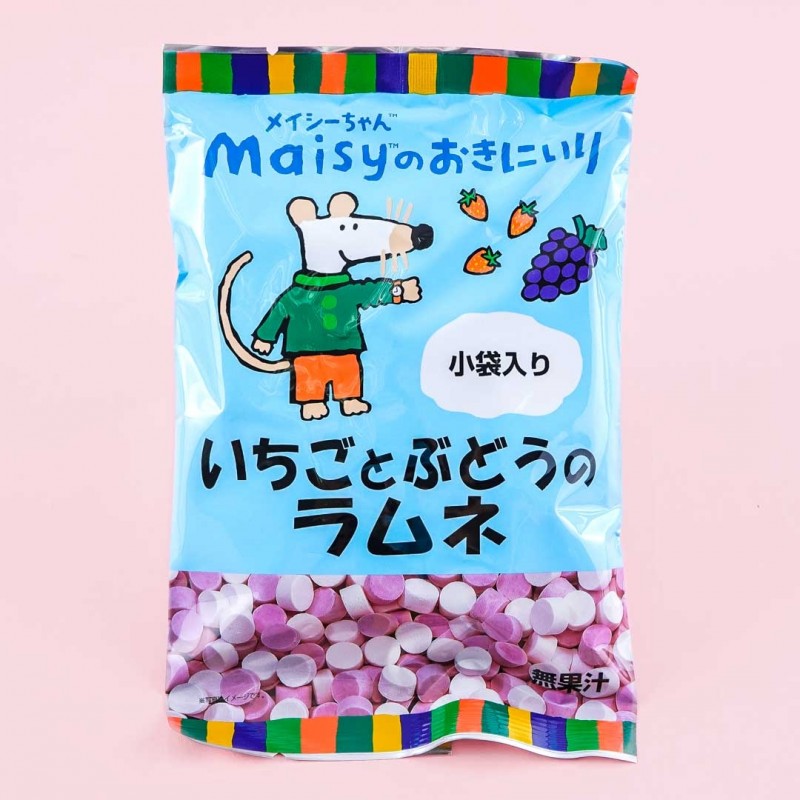 A bag of Ramune tablet candy in strawberry and grape flavors. There is an illustration of a mouse checking a watch on its wrist on the bag.