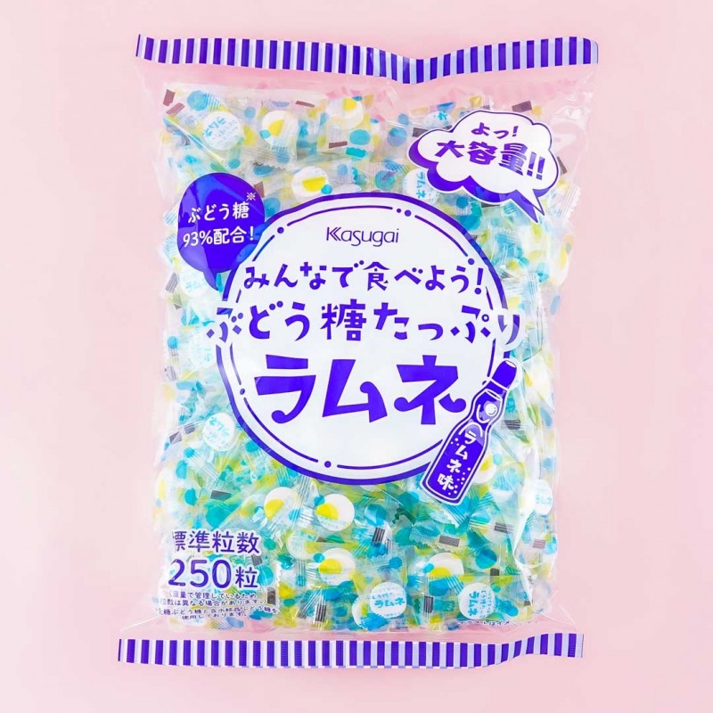 A large bag full of individually-wrapped candies shaped like tablets. They are Ramune soda flavor.