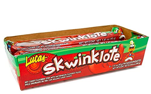 A box package of candies that holds individually-wrapped portions. The box is labelled "Skwinklote" and has a duck character with flippy blonde hair and sunglasses. The duck has its arms crossed in a cool guy posture.