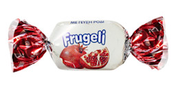 A small wrapped candy labeled "Frugeli" with an illustration of a pomegranate