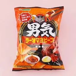 A bag of mayo beef flavored chips. There's a photo of real beef with mayo on top. A logo of a bull in sunglasses holds up a beer.