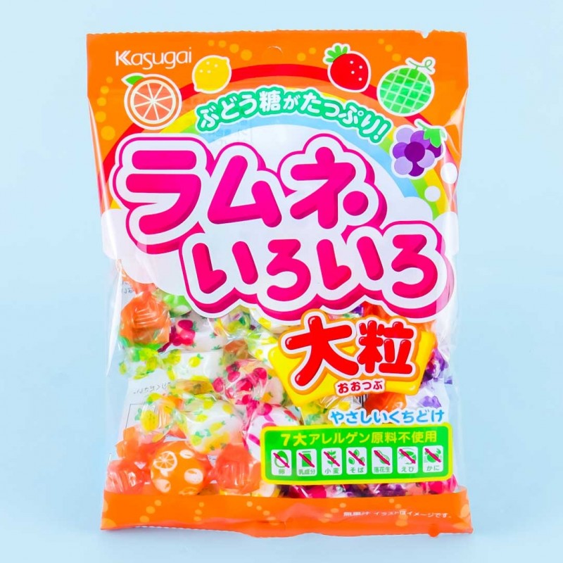 A bag of Kasugai Ramune Iro Iro candy, which are individually-wrapped compressed powder tablets in various fruity flavors: orange, lemon, strawberry, melon, and grape.