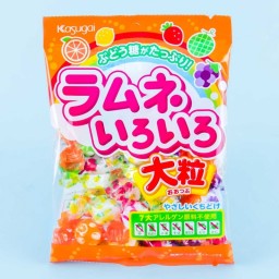 A bag of Kasugai Ramune Iro Iro candy, which are individually-wrapped compressed powder tablets in various fruity flavors: orange, lemon, strawberry, melon, and grape.