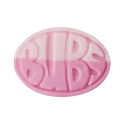 A oval foamy gummy that says BUBS on it. It's vertically split between two shades of soft pink.