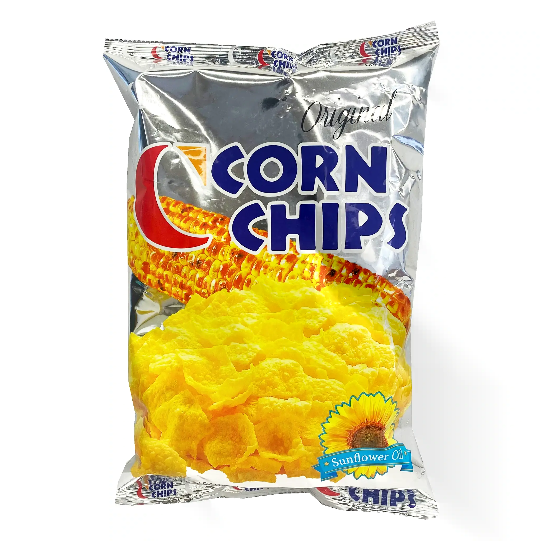 A shiny silver snack bag with a photo of large corn flakes on the front, along with an illustration of an ear of corn