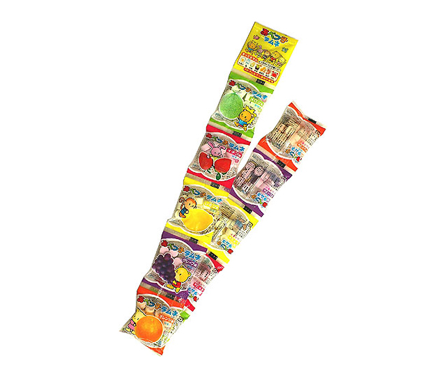 A strip of little packets that can be torn off, each with a different flavor of tablet candy in them.