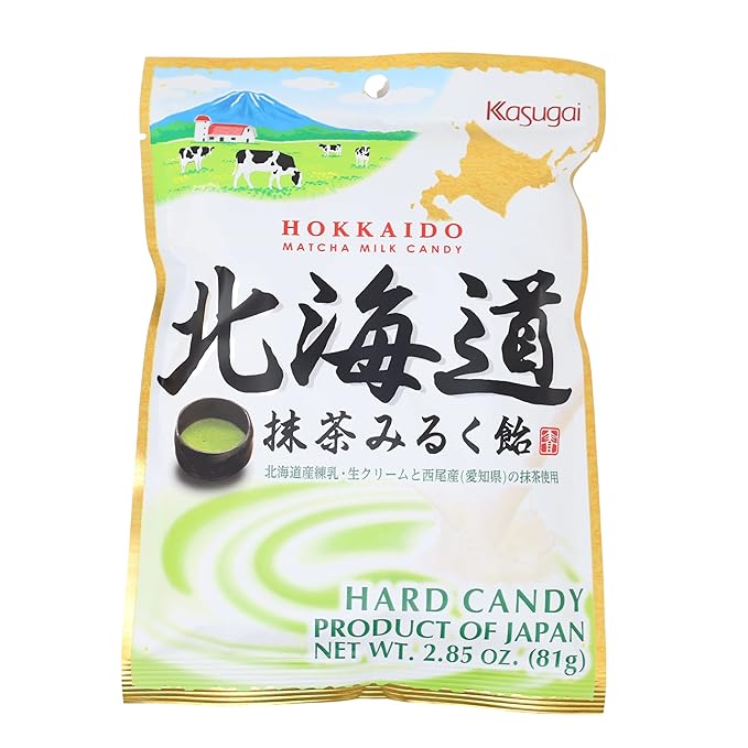 A package of hard candies, with illustrations of cows and a cup of matcha on the package