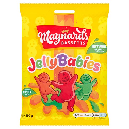 A yellow bag of Bassets Jelly Babies. There are happy, jumpy baby figures on the front in orange, red, and green