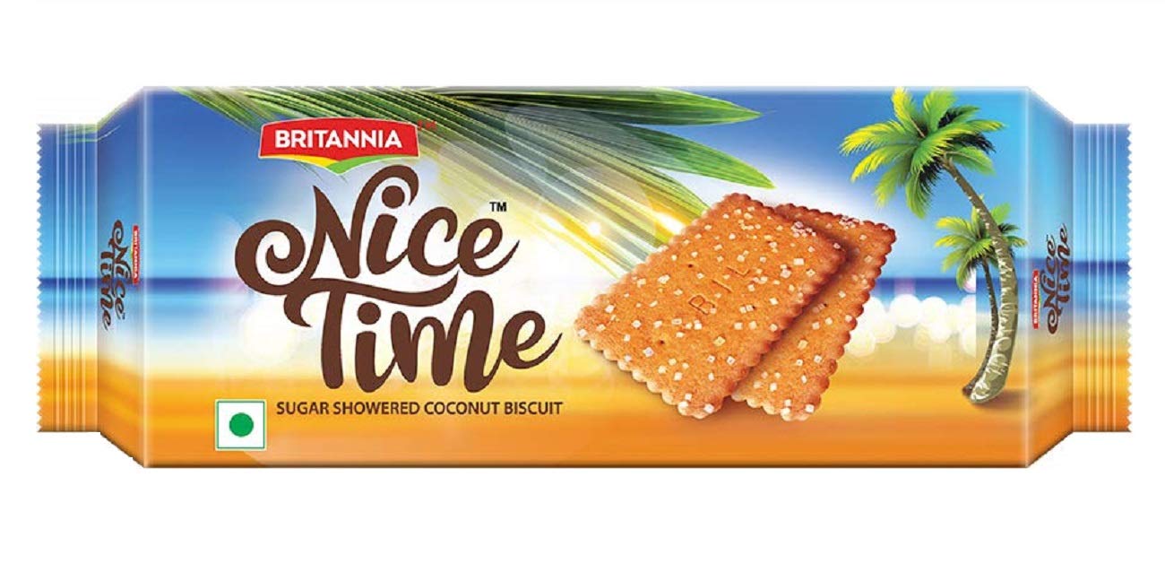A packet displaying a sugar-studded rectangular biscuit. There's an illustrated beach scene in the background.