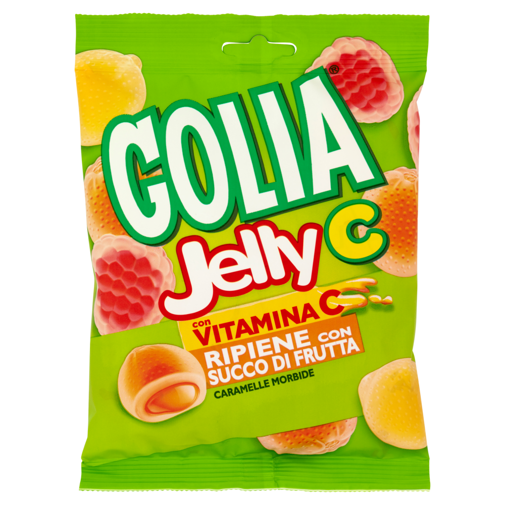 A bag of jelly c candies in raspberry, orange, and lemon flavors