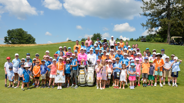 The PGA Jr. League participants pose for a photo at the PGA Jr. League Day during the third round for the 2022 KPMG Women's PGA Championship at Congressional Country Club (Photo by Montana Pritchard/PGA of America)